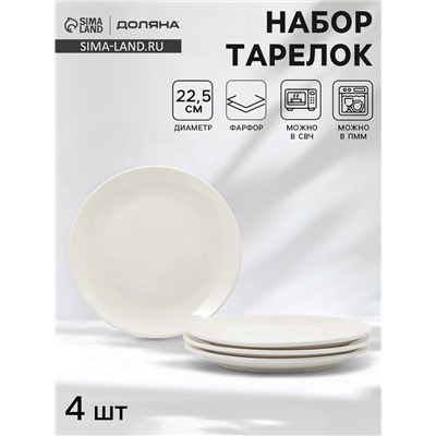 Тарелки обеденные Доляна White Label, набор 4 шт., d=22.5 см, фарфор, белые