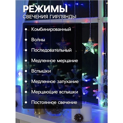 УЦЕНКА Гирлянда «Бахрома», 2.4×0.9 м, с насадками «Снежинки», IP20, 150 LED, 220 В, 8 режимов, прозрачная нить, свечение мульти