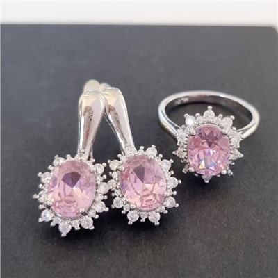 Комплект ювелирная бижутерия  серьги и кольцо 17 р, покрытие: посеребрение, вставка: фианиты, цвет: розовый и прозрачный, арт.313.004-17