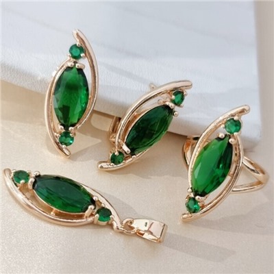 Комплект ювелирной бижутерии коллекция "Дубай" серьги, кулон и кольцо 17 р, покрытие позолота, вставка: стекло, цвет: изумрудный, арт.414.294-17