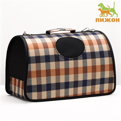 Сумка - переноска, размер M, 43×21×26 см, каркасная, со шторкой, клетчатая