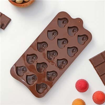 Форма для конфет и шоколада Доляна «Сердцеедка», силикон, 21.5×11×1.5 см, 15 ячеек, коричневая