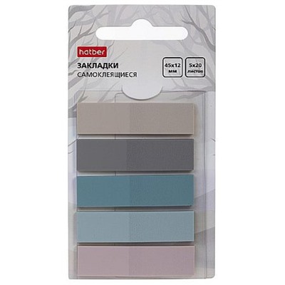 Закладки с клеевым краем 12х45 мм 5цв х 20л пластиковые,прямоуг. "Mist" с европодв. 090304 Хатбер