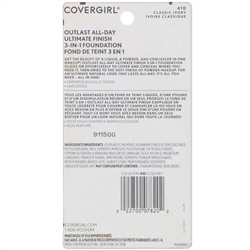 Covergirl, Outlast All-Day Ultimate Finish, тональная основа 3 в 1, оттенок 410 «Классическая слоновая кость», 11 г (0,4 унции)