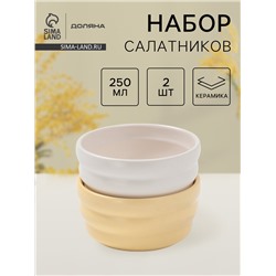 Салатники Доляна «Зефир», 250 мл, d=11 см, набор 2 шт., керамика, белые, жёлтые
