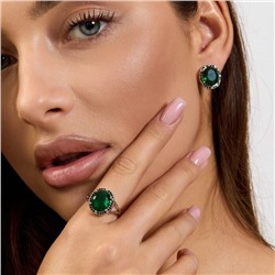 Комплект ювелирной бижутерии коллекция "Дубай" серьги и кольцо 17 р покрытие посеребрение, вставка: стекло и цирконы, цвет: зеленый и черный, арт.215.612-17