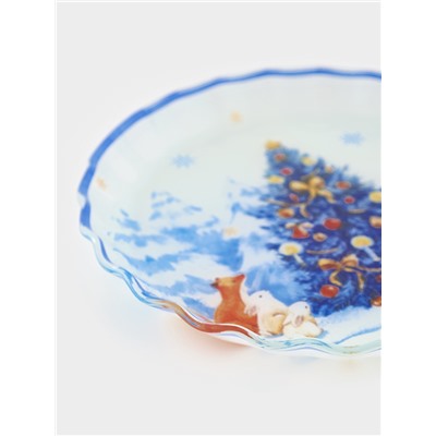 Блюдо сервировочное новогоднее Доляна «Новый Год в лесу», d=19, h=2.1 см, с бортиком, стекло, белое, голубое