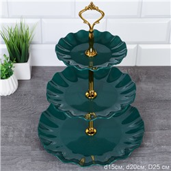 Ваза для капкейков 3-х ярусная 15/20/25 Круг Волна зеленая / D-1267 /уп 80/ Пластик/689068