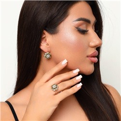 Комплект ювелирной бижутерии Дубайское золото серьги и кольцо, покрытие позолота, вставка: фианиты, цвет: зеленый и прозрачный, р-р 17, 0119, арт.214.527-17