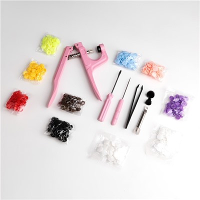 Набор для установки пластиковых кнопок: кнопки, d=13 мм, 100 шт., щипцы, шило, отвёртка, пинцет, в органайзере