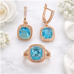 Комплект ювелирной бижутерии коллекция "Дубай", серьги и кольцо 17 р, покрытие позолота, вставка: фианиты и цирконы, цвет: голубой и прозрачный, арт.007.280-18