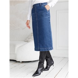 Джинсовая юбка прямая с разрезом и декоративной стиркой  из эластичного денима