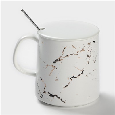 Кружка с ложкой «Белый мрамор», 350 мл, керамика, белая