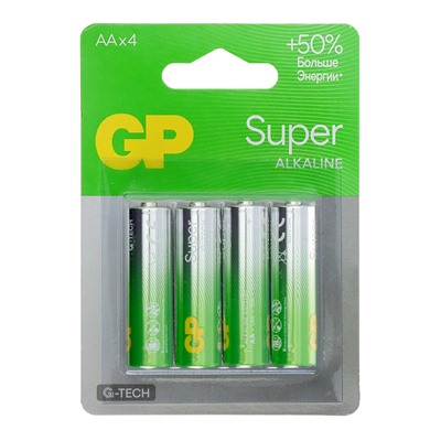 Батарейка алкалиновая GP Super, AA, LR6-4BL, 1.5В, блистер, 4 шт