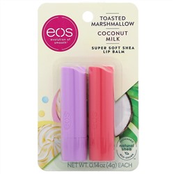 EOS, супер смягчающий бальзам для губ с маслом ши, жареный зефир и кокосовое молоко, 2 шт. в упаковке, 4 г (0,14 унции) каждый