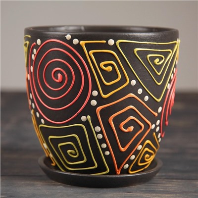 Горшок для цветов «Радуга», керамический, с поддоном, 2.6 л, коричневый с орнаментом