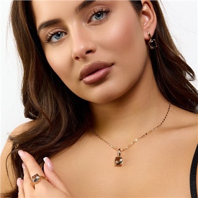 Комплект ювелирной бижутерии коллекция "Дубай" серьги, кулон и кольцо 19 р, покрытие позолота, вставка: стекло, цвет: серый, арт.414.320-19