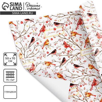 Упаковочная бумага на новый год «Птицы на ветвях», 50×70 см, глянцевая