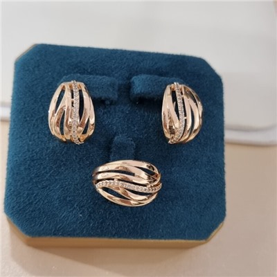 Комплект ювелирной бижутерии коллекция "Дубай" серьги и кольцо 18 р, покрытие позолота, вставка: цирконы, цвет: прозрачный, арт.313.439-18