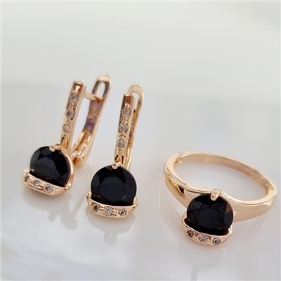 Комплект ювелирная бижутерия коллекция  "Дубай" серьги и кольцо 20 р, покрытие: позолота, вставка: фианиты, цвет: черный и прозрачный, арт.217.313-20