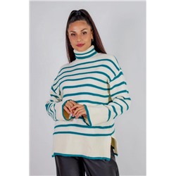 Теплая туника в полоску высокий ворот арт. 2918 (Молочный_бирюзовая полоса)