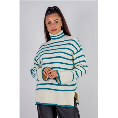 Теплая туника в полоску высокий ворот арт. 2918 (Молочный_бирюзовая полоса)
