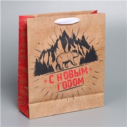Пакет подарочный новогодний крафтовый «С Новым годом», M 26×30×9 см