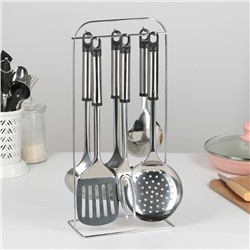 Кухонные принадлежности «Помощник», 6 предметов, на подставке, нержавеющая сталь, серебристый