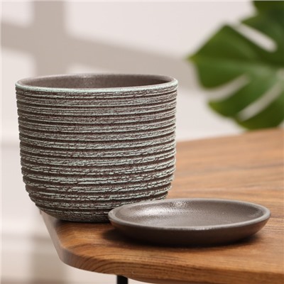 Горшок для цветов «Лоза», 800 мл, d=12 см, h=10 см, керамика, с поддоном, цвет зелёно-серый бук