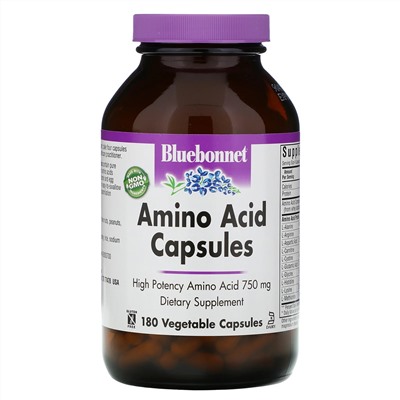 Bluebonnet Nutrition, Капсулы с аминокислотами, 750 мг, 180 растительных капсул