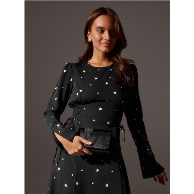 Платье с завязками на талии миди женское MINAKU Flower, размер 42, чёрное, белое