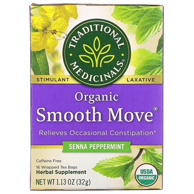 Traditional Medicinals, Smooth Move, органическое слабительное средство, мята перечная и сенна, без кофеина, 16 чайных пакетиков, 32 г, (1,13 унции)