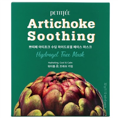 Petitfee, Artichoke Soothing, успокаивающая гидрогелевая маска для лица с артишоком, 5 шт., по 32 г (1,12 унции)