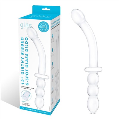 Изогнутый стеклянный фаллоимитатор 12’’ Girthy Ribbed G-Spot Glass Dildo With Handle Grip Double Ended - 30 см.