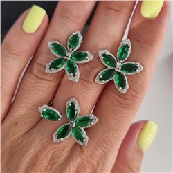 Комплект ювелирной бижутерии, посеребрение: серьги и раздвижное кольцо с зелеными камнями, р-р от 16-19, 13098, арт.213.008