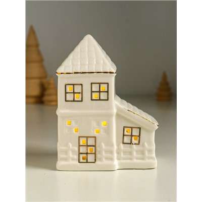 Фигурка светящаяся «Домик с верандой», керамика, белый с золотом, 9.5×6×12.5 см