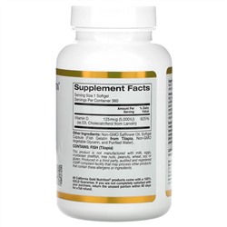 California Gold Nutrition, витамин D3, 125 мкг (5000 МЕ), 360 капсул из рыбьего желатина