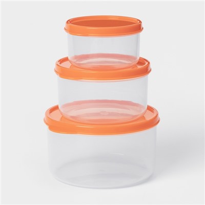 Набор контейнеров пищевых круглых Доляна, 3 шт.: 150 мл, 300 мл, 500 мл, прозрачные, крышка оранжевая