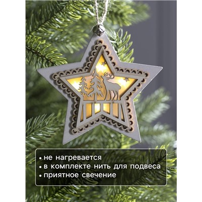 Ёлочная игрушка «Звезда с оленем», 10×10×2 см, 4 LED, от батареек, свечение тёплое белое