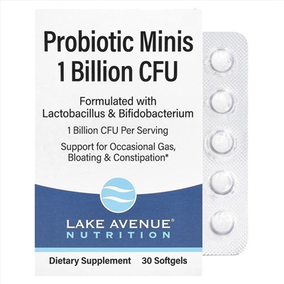 Lake Avenue Nutrition,  Пробиотик в мини-таблетках, 2 штамма здоровых бактерий, 1 млрд КОЕ, 30 маленьких мягких таблеток