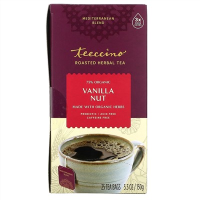 Teeccino, обжаренный травяной чай, ванильно-ореховый вкус, без кофеина, 25 чайных пакетиков, 150 г (5,3 унции)