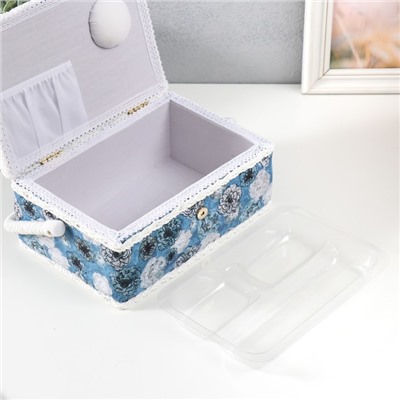 Шкатулка для рукоделия и шитья «Чёрно-белые цветы на голубом», хранение ниток, иголок, мелочи, 24×16×11 см