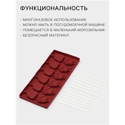 Форма для леденцов Доляна «Мишка», силикон, 25×10.5×1 см, 12 ячеек (3×3.3 см), с палочками, МИКС