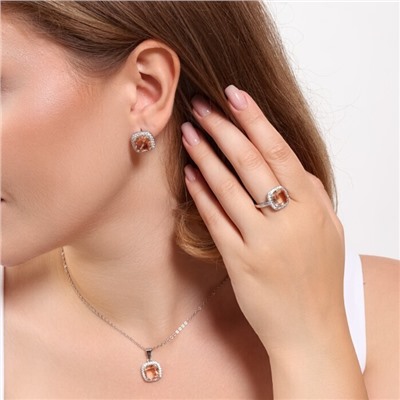 Комплект ювелирная бижутерия серьги, кулон и кольцо 18 р, покрытие: посеребрение, вставка: фианит, цвет: бежевый и прозрачный, арт.313.109-18