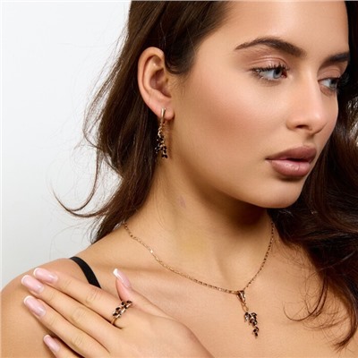 Комплект ювелирной бижутерии коллекция "Дубай" серьги, кулон и кольцо 19 р в форме веточки, покрытие позолота, вставка: фианиты и цирконы, цвет: черный и прозрачный, арт.217.491-19