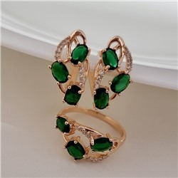 Комплект ювелирной бижутерии коллекция "Дубай" серьги и кольцо 17 р, покрытие позолота, вставка: фианиты, цвет: зеленый, арт.215.517-17