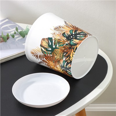 Горшок для цветов с поддоном Доляна «Голди. Листья», 1.6 л, d=14 см, h=15.5 см, пластиковый, цвет белый