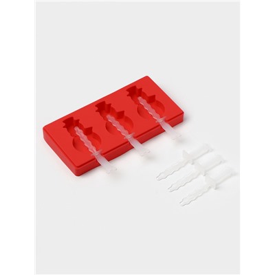 Форма для мороженого новогодняя Доляна «Снеговик», силикон, 18×9×2 см, 3 ячейки, с палочками, красная