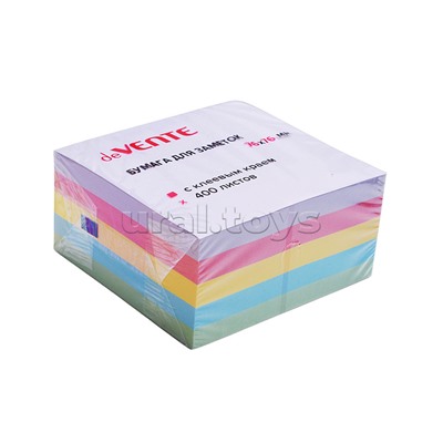 Клейкая бумага для заметок 76x76 мм, 400 листов, офсет 75 г/м², 4 пастельных цвета и белый