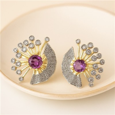 Серьги ювелирная бижутерия Итальянское золото (покрытие желтое 14к), вставка: фианиты, цвет: фиолетовый и прозрачный, арт.313.370